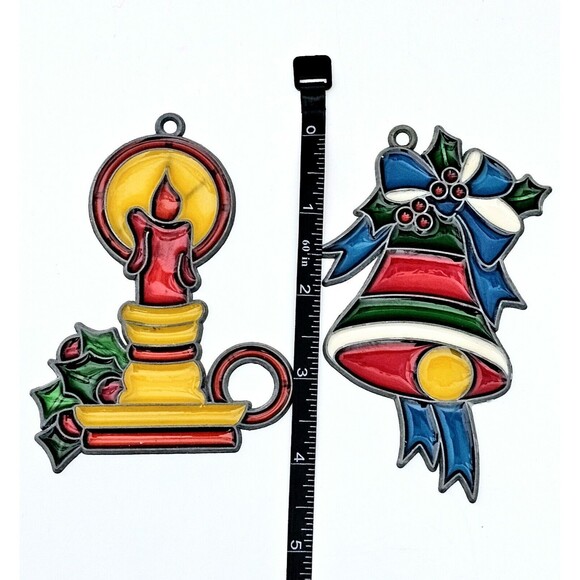 Stained Glass Vintage Suncatcher Christmas Ornament Lot 2 Candlestick & Bell VGC - Picture 4 of 8